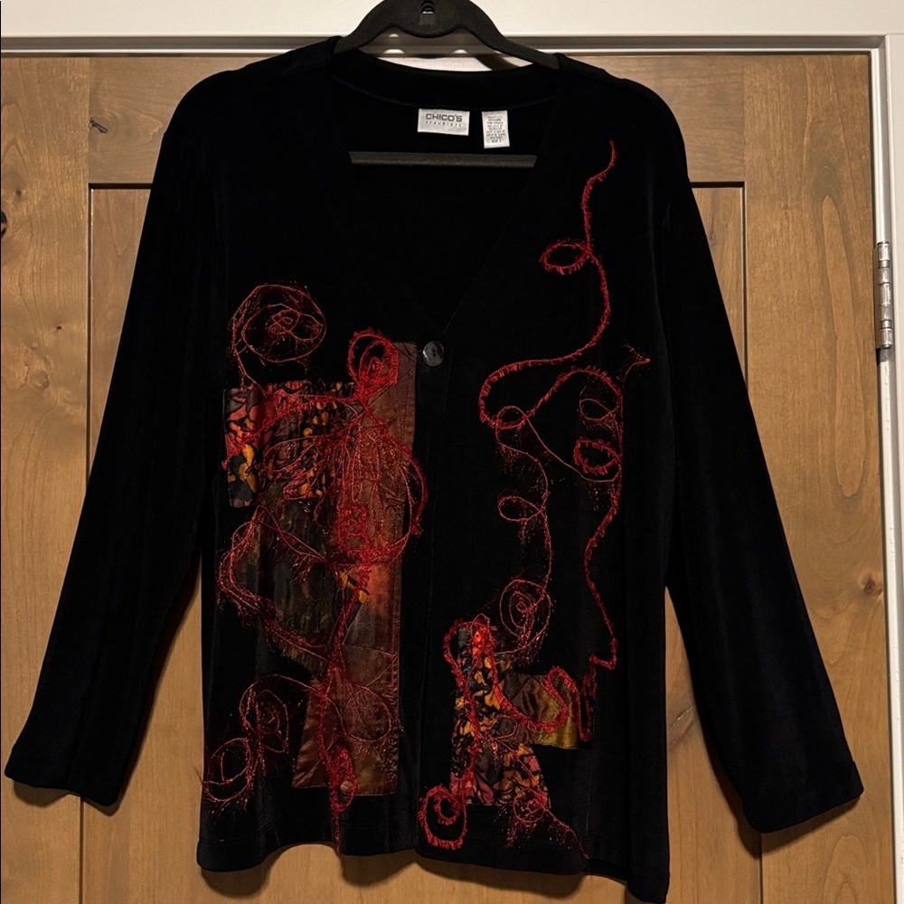 Chico's Travelers Slinky Black Cardigan Womens 3/XL Red Abstract Indie Artsy